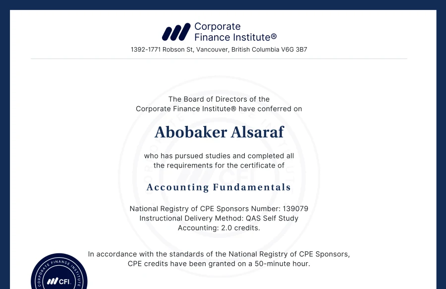 Course completion: Accounting Fundamentals — Corporate Finance Institute
