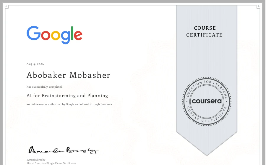 Course completion: AI for Brainstorming and Planning — Google