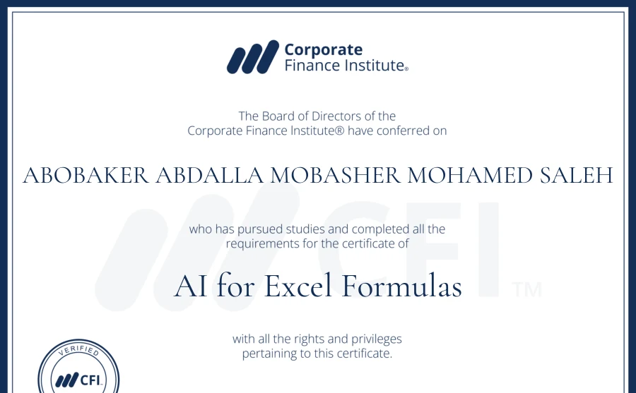 Course completion: AI for Excel Formulas — Corporate Finance Institute
