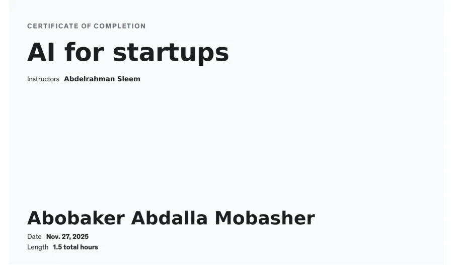 Course completion: AI for startups — Udemy