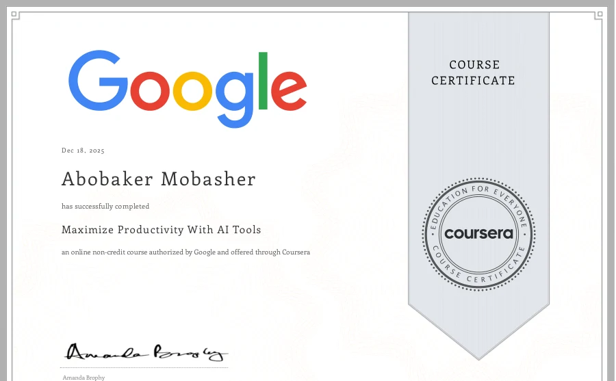 Course completion: Maximize Productivity With AI Tools — Google