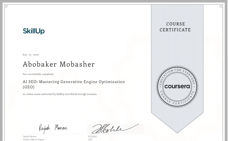 Course completion: AI SEO: Mastering Generative Engine Optimization (GEO) — SkillUp / Coursera