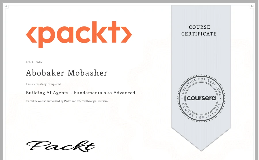 Course completion: Building AI Agents – Fundamentals to Advanced — Packt