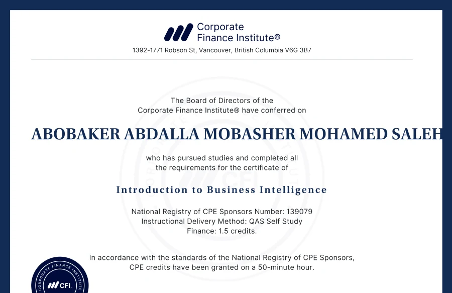 Course completion: Introduction to Business Intelligence — Corporate Finance Institute