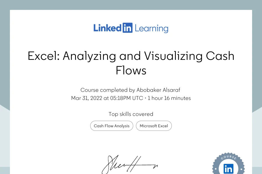 Course completion: Excel: Analyzing and Visualizing Cash Flows — LinkedIn Learning