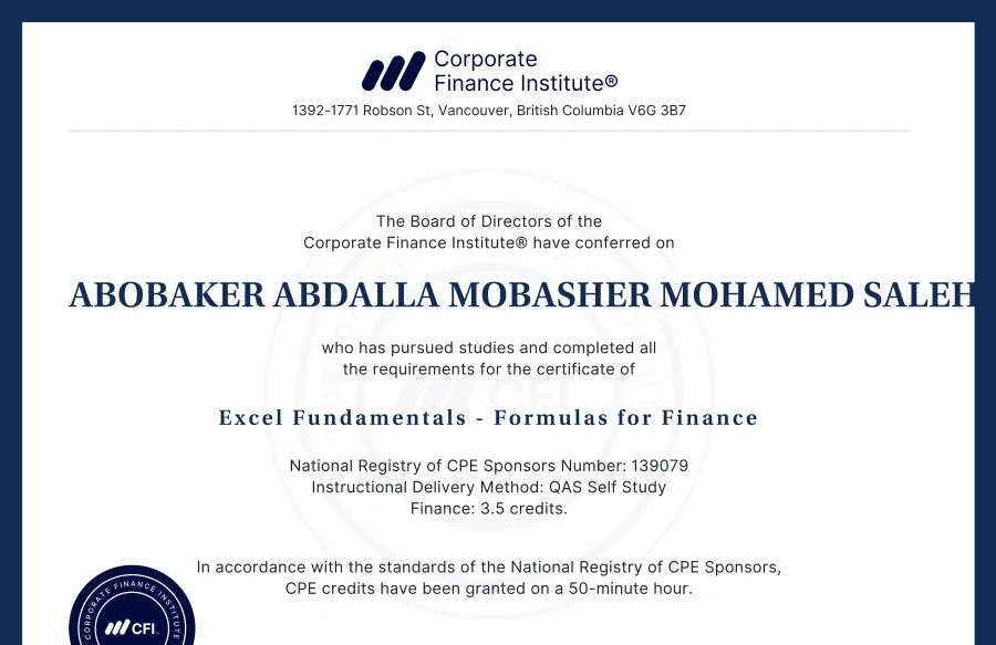 Course completion: Excel Fundamentals – Formulas for Finance — Corporate Finance Institute