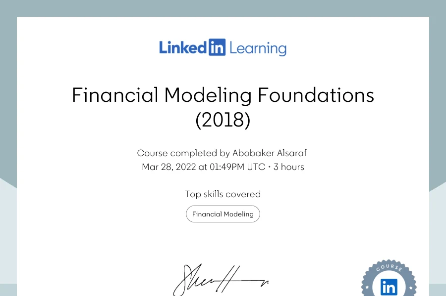 Course completion: Financial Modeling Foundations (2018) — LinkedIn Learning