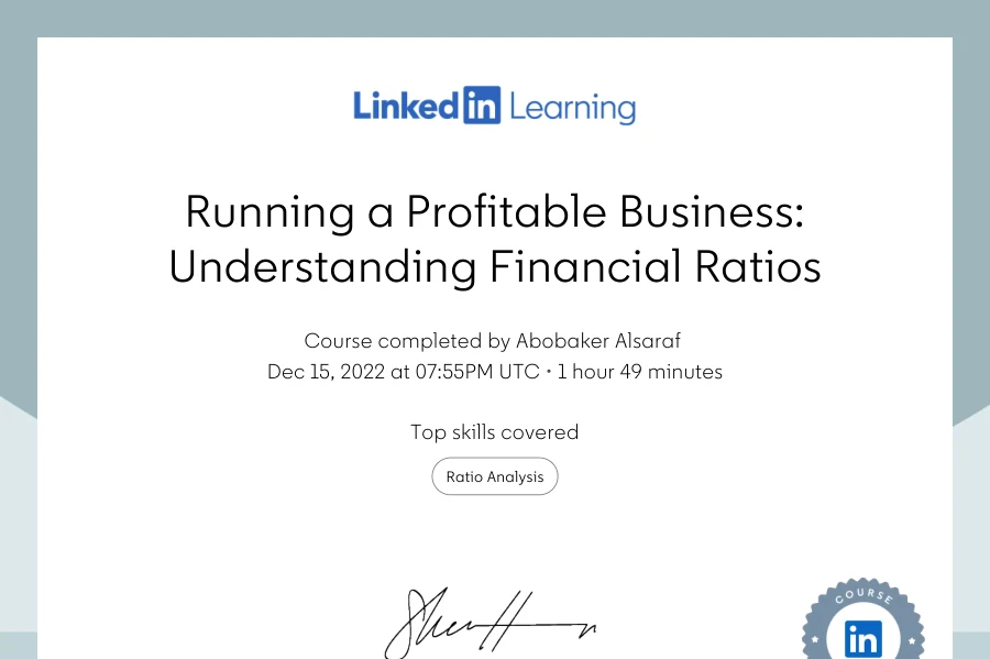 Course completion: Running a Profitable Business: Understanding Financial Ratios — LinkedIn Learning