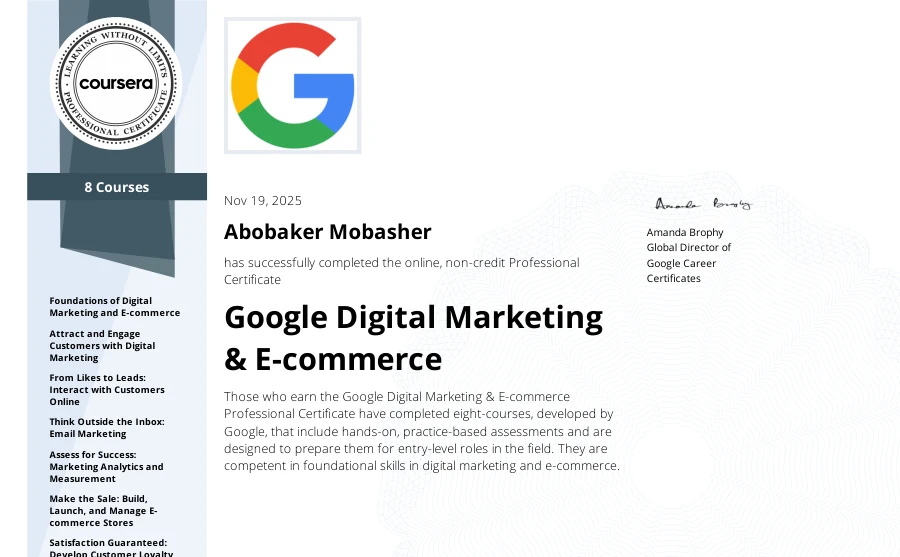 Course completion: Google Digital Marketing & E-commerce — Google