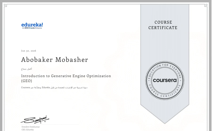 Course completion: Introduction to Generative Engine Optimization (GEO) — Edureka / Coursera