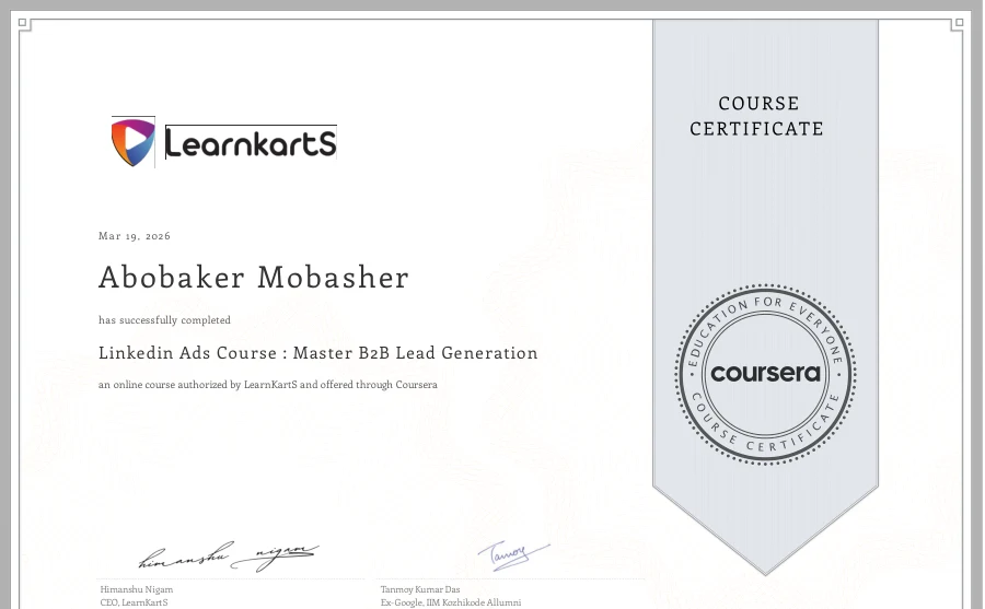 Course completion: Linkedin Ads Course: Master B2B Lead Generation — LearnKartS / Coursera