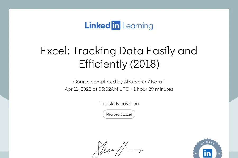 Course completion: Excel: Tracking Data Easily and Efficiently (2018) — LinkedIn Learning